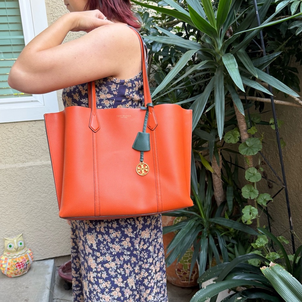 Vintage Tory Burch Vibrant Orange and Green Large Leather Tote